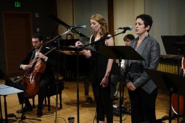 A photograph of Ninth Planet performers Evan Khan, cello; Margaret Halbig, piano; Amy Foote, soprano; Giacomo Fiore, guitar; and Ann Moss, soprano