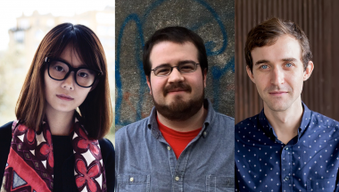 Image of three composers: Meng Wang, with medium length brown hair and glasses, Jeremy Rapaport-Stein, with short brown hair and glasses, and Theo Chandler, with  short light brown hair 