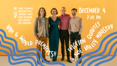 The members of Friction Quartet pose in front of a bright background. Information about their Dec. 4 event is included on the picture.