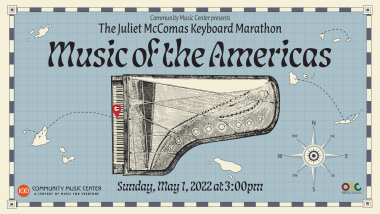 An illustration of a piano surrounded by land masses with a compass on a blue grid in the style of historic cartography