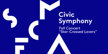 dark blue banner reading "Civic Symphony fall concert Star-Crossed Lovers"