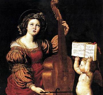 Barbara Strozzi playing bass with child holding music.