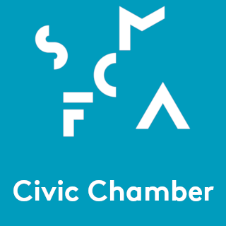 A teal banner with the SFCMA logo and "Civic Chamber" in white text.