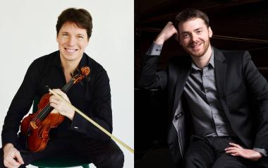 A photo of Joshua Bell with his violin next to a photo of Peter Dugan leaning on his piano