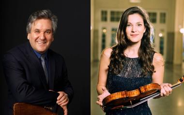 An image of Sir Antonio Pappano next to an image of Janine Jansen holding her violin