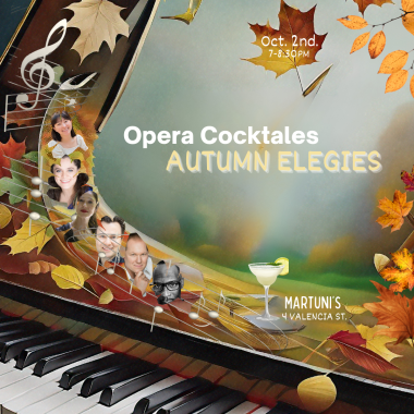 an open grand piano acting as a window out into an autumn landscape surrounded by fall covered leaves and the event information. 