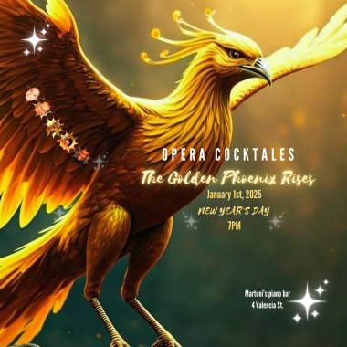 A golden phoenix taking flight with the information about the event written in front of 