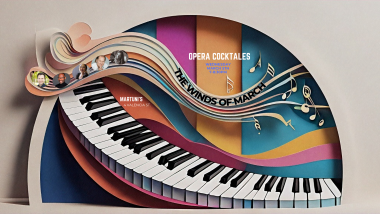 Papercut art with a sweeping keyboard and streaming windlike music notes and colorful semi-circular cutout with the information