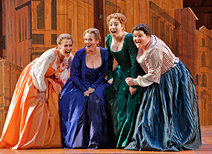 Heidi Stober (Nannetta), Ainhoa Arteta (Alice Ford), Renee Rapier (Meg Page) and Meredith Arwady (Dame Quickly). <br>Photo by Cory Weaver/San Francisco Opera.