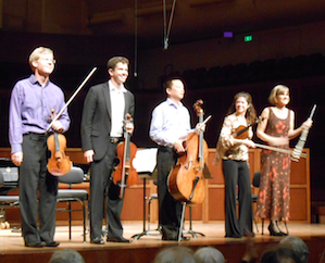 Catherine Payne, on the right, greeted the audience; the others, from left, are Carlson, Young, Yang, and Kleinbart Photos by Janos Gereben 