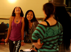 Ari Gonzales-Silas, Anna Polumbo-Levy, Bessie Zolno, and Ania Sharieff rehearse a scene from Berkeley Playhouse TeenStage’s production of Bye Bye Birdie.  Photo by Ken Levin.