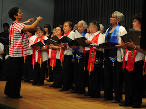 Martha Rodriguez-Salazar conducts Solera Singers and 30th Street Chorus at Community Music Center's 90th birthday party Photo by Mercedes Romero