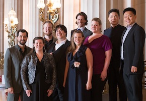 Merolini of the Schwabacher Summer Concerts: Seth Mease Carico, Elizabeth Baldwin, Andrew Kroes, Joshua Baum, Melinda Whittington, Hadleigh Adams, Erin Johnson, Chuanyue Wang, and Yi Li Photo by Kristen Loken