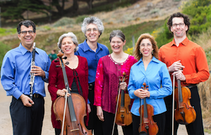 Left Coasters in Summer Reading: Jerome Simas (clarinet), Tanya Tomkins (cello), Eric Zivian (piano), Anna Presler (violin), Phyllis Kamrin (violin), and Kurt Rohde (viola) Photo by Jordan Murphy