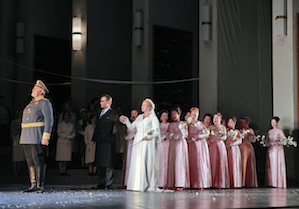 King Heinrich (Kristinn Sigmundsson) leads the wedding procession for Lohengrin (Brandon Jovanovich) and Elsa (Camilla Nylund) Photos by Cory Weaver