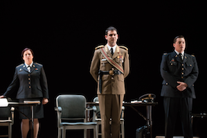 Linda Barnett as the Female Chorus, Chris Carr, and Robert Watson as the Male Chorus 