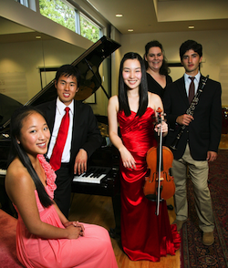 Marin Music Chest's Young Artists Award winners Katarina Lee and Kuni Migimatsu (piano), Hayaka Komatsu (viola), Laura Arthur (soprano) and Max Norman (clarinet) Photo by Eric Chazankin 