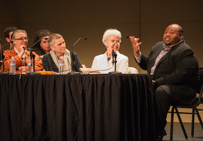 Issachah Savage, on the right, interviewed by Board President Donna Blacker, Opera Center Director Sheri Greenawald, and Board Chair Jayne Davis Photo by Kristen Loken