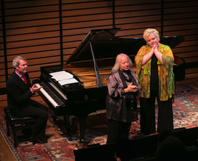 Pianist Craig Terry, Meyer Sound co-founder Helen Meyer, and Stephanie Blythe at the recording session Photo by Drew Altizer