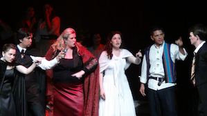 Opera Academy participants in action: Anna Belaya (Donna Anna), Andres Ramirez (Ottavio), Jennifer Rogers (Donna Elvira), Erica Wilens (Zerlina), Daniel Yoder (Masetto), Austin Thompson (Don Giovanni) 