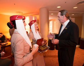 SFS keyboardist Robin Sutherland with cabin crew of Emirates, the orchestra's official airline 