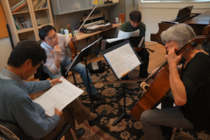 Shanghai Conservatory composer Zhu Shirui (left) worked with Wei He, Ian Swensen, and Tanya Tomkins during the 2012 festival