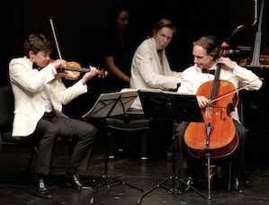 Benjamin Beilman, Juho Pohjonen, and David Finckel performing the Mozart Trio 