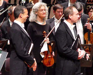 Acknowledging the ovation: baritone Roderick Williams, associate concertmaster Nadya Tichman, tenor James Gilchrist 