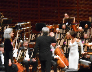 Associate Concertmaster Nadya Tichman, MTT asking the brass to rise, and Yuja Wang 