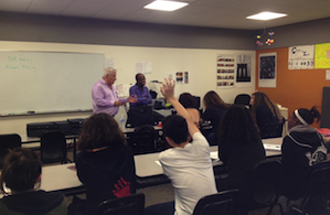 SFCV's Jeff Kaliss leads the WriteOn! workshop at the Oakland School for the Arts, while Maestro Michael Morgan, whose concert was reviewed by the kids, looks on