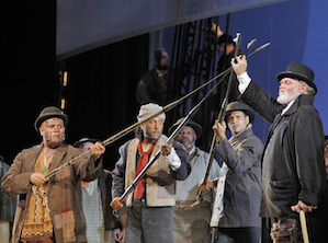 Jonathan Lemalu (Queegueg), Bradley Kynard (Daggoo), and Carmichael Blankenship (Tashtego) with Jay Hunter Morris (Captain Ahab)