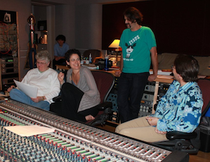 From left: Leslie Ann Jones and soprano Ann Moss, recording Moss's debut cd at Skywalker Ranch, wtih composer Liam Wade and pianist Steve Bailey. Photo by Jeff Kaliss 