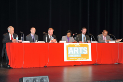 District 7 candidates Michael Garcia, Joel Engardio, FX Crowley, Andrew Bley and Norman Yee with moderator Belva Davis (middle)