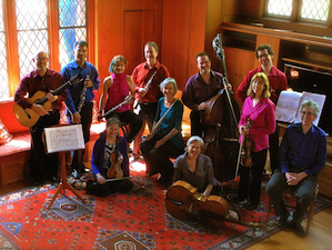 Back row: Michael Goldberg (guitar), Jerome Simas (clarinet), Andrea Plesnarski (oboe), Thomas Nugent (oboe), Stacey Pelinka (flute), Michel Taddei (double bass), Kurt Rohde (viola), Phyllis Kamrin (viola/violin), and Eric Zivian (piano); seated on floor: Anna Presler (violin), Tanya Tomkins (cello) Photo by Jeanette Yu