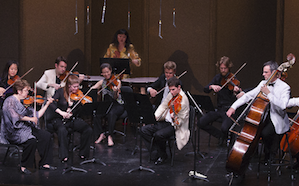 A section of the Mozartians, with first violin Jorja Fleezanis on the left, boldly improvising bassist Scott Pingelon the right Photos by Tristan Cook