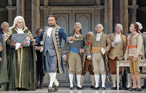 Judge (A.J. Glueckert), Ramon Vargas (Gustavus III), Heidi Stober (Oscar) and the San Francisco Opera Chorus