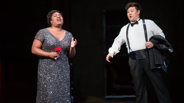 Raehann Bryce-Davis (Santuzza) and Kihun Yoon (Alfio) in a scene from Cavalleria Rusticana by Mascagni. (Photo by Kristen Loken)