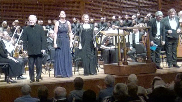 Taking bows Wednesday in Davies Hall: Schiff on the left, with debuting soloists Britta Schwarz, Anna Lucia Richter, Werner Güra, and Robert Holl (Photo by Janos Gereben)