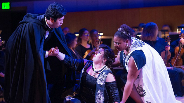 Toni Marie Palmertree (center) as Elisabetta, Raehann Bryce-Davis as Eboli, and Sol Jin as Rodrigo in the Schwabacher Concert's <em>Don Carlo</em> excerpt (Photos by Kristen Loken)