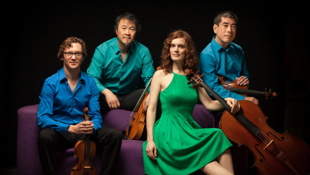 The Del Sol Quartet, left to right: Benjamin Kreith, Charlton Lee, Kathryn Bates, Rick Shinozaki. (photo credit: Matthew Washburn)