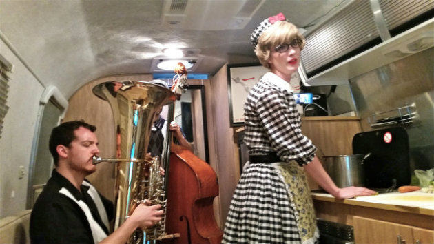 "Car Wash" (inside an Airstream trailer). Music by Veronika Krausas. Text by Guy Debord. Victoria Fox as Mother. Brandon Davis Tuba. Ben Finley, bass.