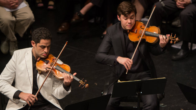 Schubert: Quintet in C Major for Two Violins, Viola, and Two Cellos, op. posth. 163, D. 956 From left: Arnaud Sussmann, violin; Benjamin Beilman, violin (Photo by Carlin Ma)