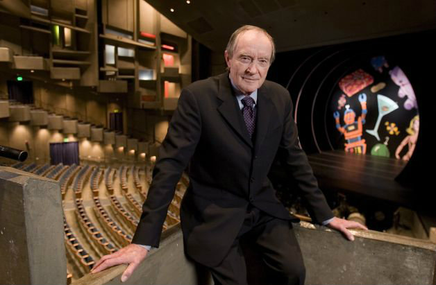 Robert Cole in Zellerbach Hall with the one of the backdrops from Mark Morris’s <em>The Hard Nut</em> (Photo courtesy of Cal Performances)