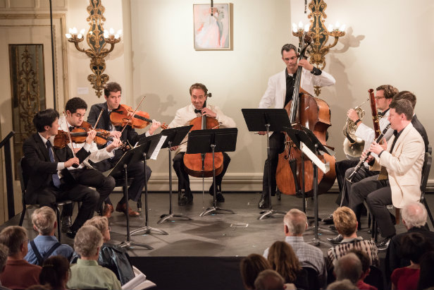 From left to right: Sean Lee, violin; Arnaud Sussman, violin; Pierre Lapointe, viola; David Finckel, cello; Scott Pingel, bass; Kevin Rivard, horn; Peter Kolkay, bassoon; Alexander Fiterstein, clarinet. (Photo by Carlin Ma)